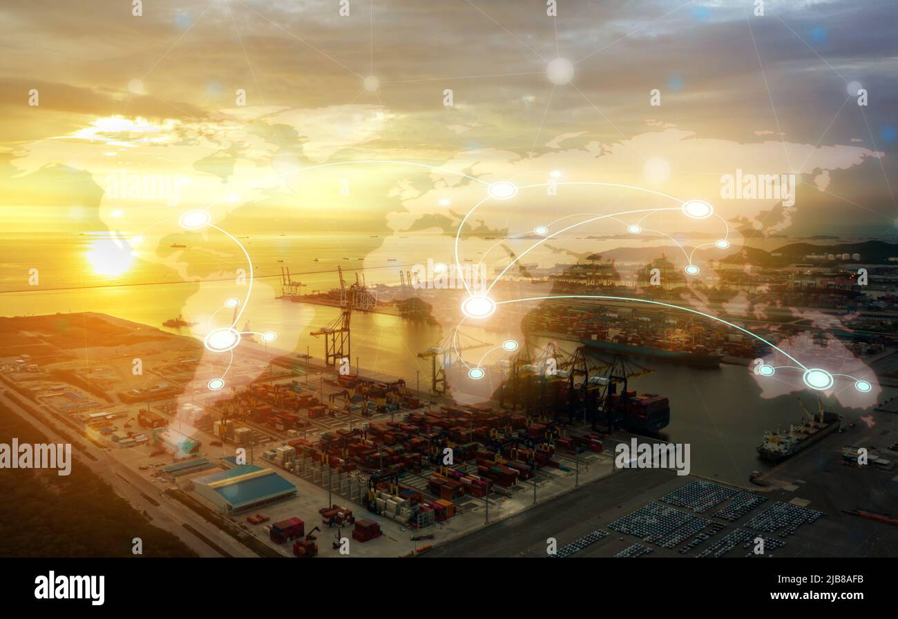 Ships and communication network concept. Logistics worldwide maritime traffic. Business shipping vessel port with double exposure concept. Stock Photo