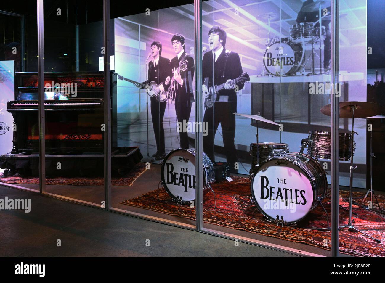 The Beatles piano and drum kit on display as part of the The Jim Irsay