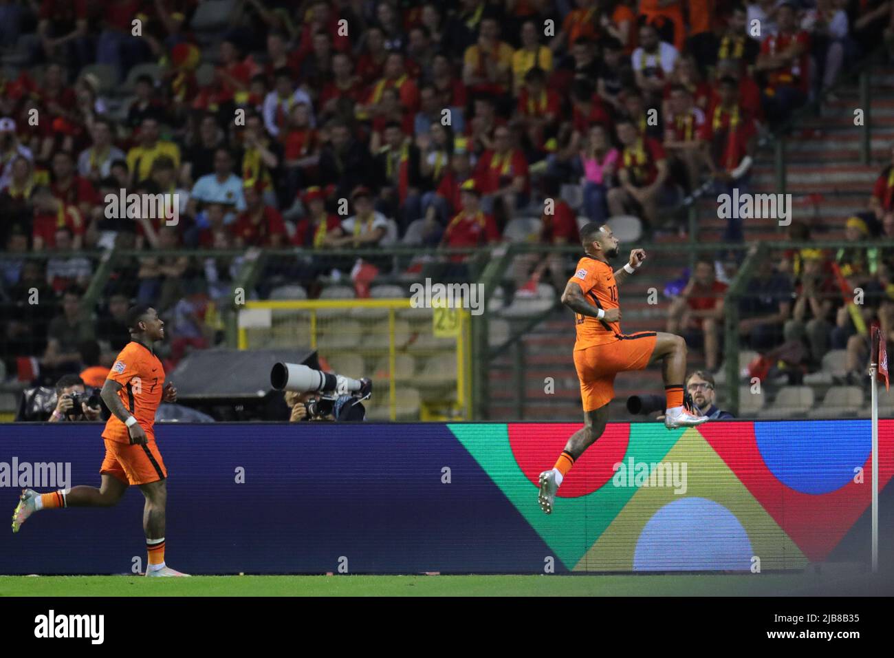 Brussels, Belgium. 3rd June, 2022. Memphis Depay (R) of the Netherlands celebrates scoring during the football match of Group 4 in League A of the UEFA Nations League between Belgium and the Netherlands in Brussels, Belgium, June 3, 2022. Credit: Zheng Huansong/Xinhua/Alamy Live News Stock Photo
