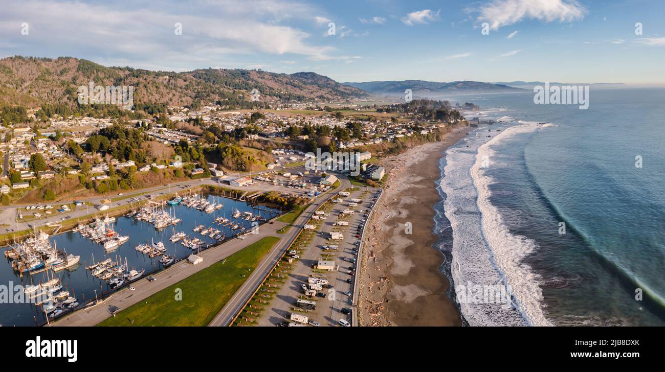Beach Scene in Brookings Oregon, aerial view. Stock Photo