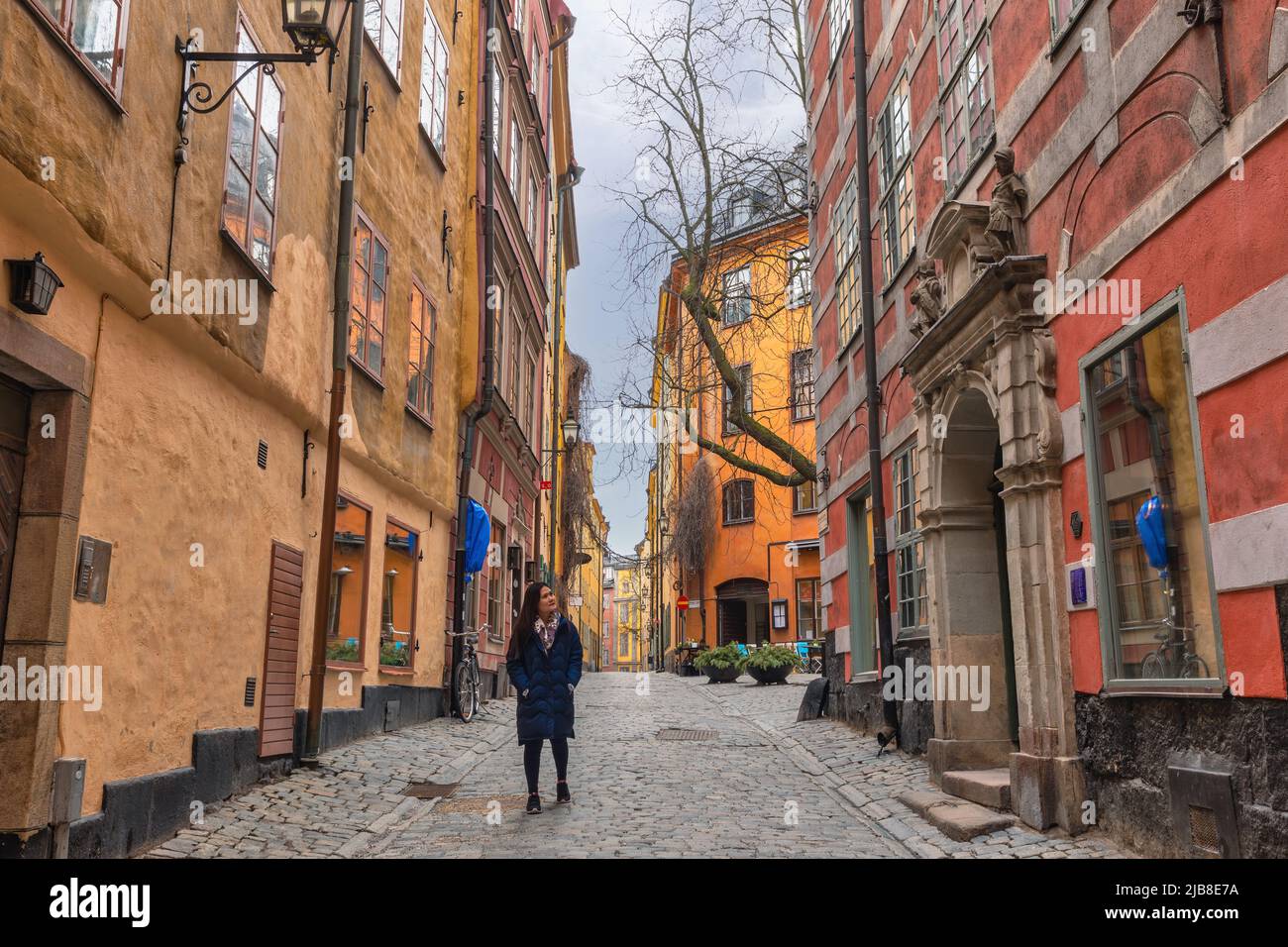 Stockholm Sweden, city skyline at Gamla Stan old town with woman tourist Stock Photo