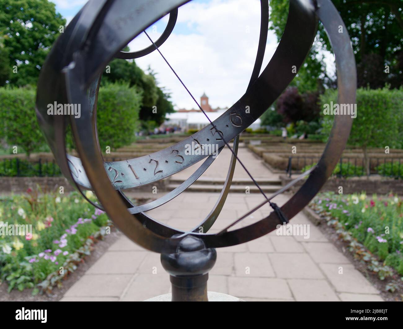 London, Greater London, England, May 28 2022: Sundial in the Dutch Garden at Holland Park in the Kensington area. Stock Photo