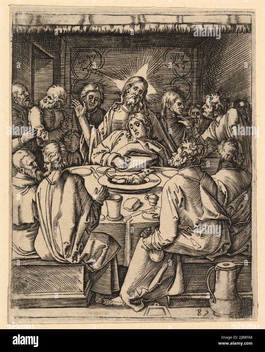 The last supper with Christ sitting in the center embracing John, print, Marcantonio Raimondi, Stock Photo
