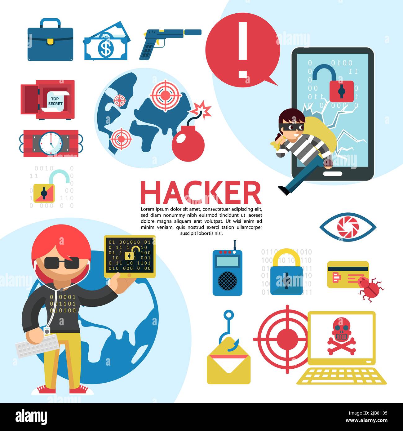 Flat hacking template with hackers safe dynamite briefcase lock eye