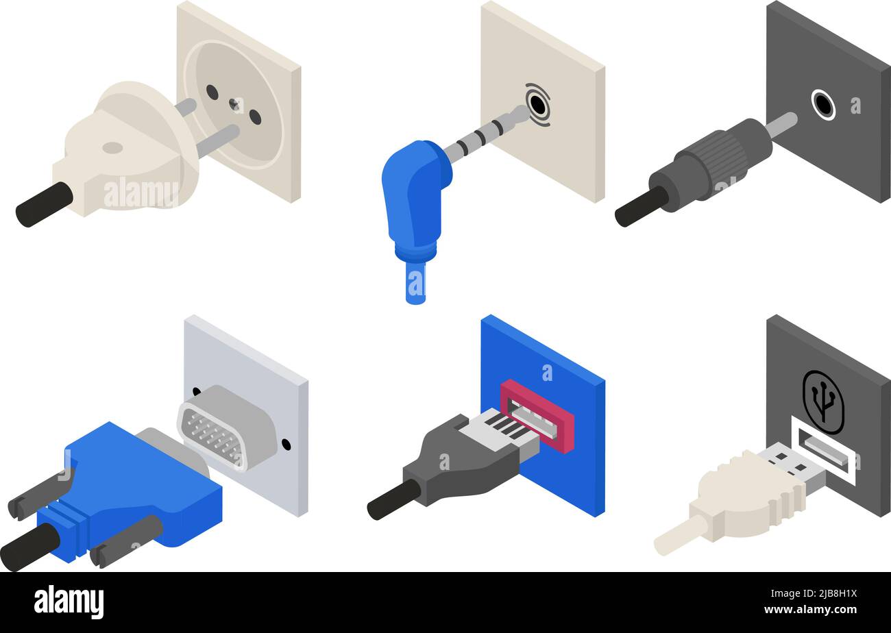 Plugs icons, isometric 3d vector. Power and electric, usb socket, connection cable, connect wire, connector vga. Vector illustration Stock Vector