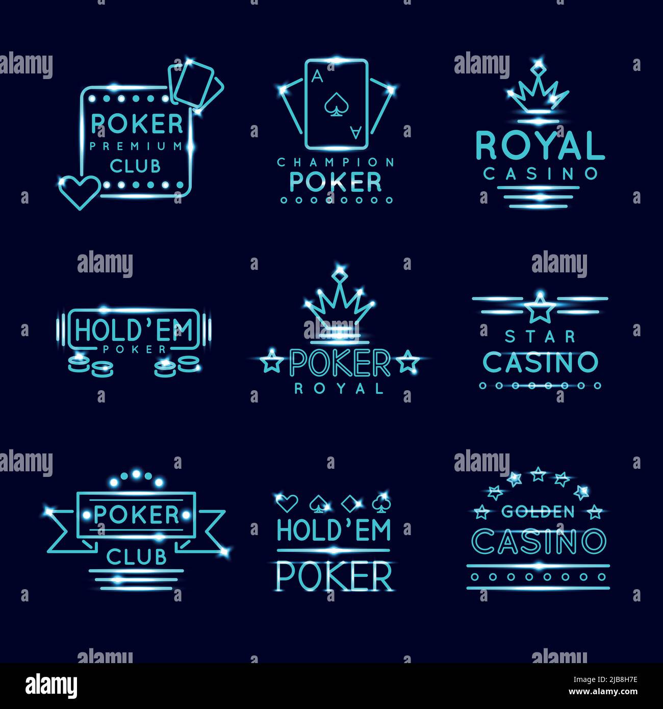 Vintage neon hipster poker club and casino signs. Royal gambling play, risk and chance, vector illustration Stock Vector