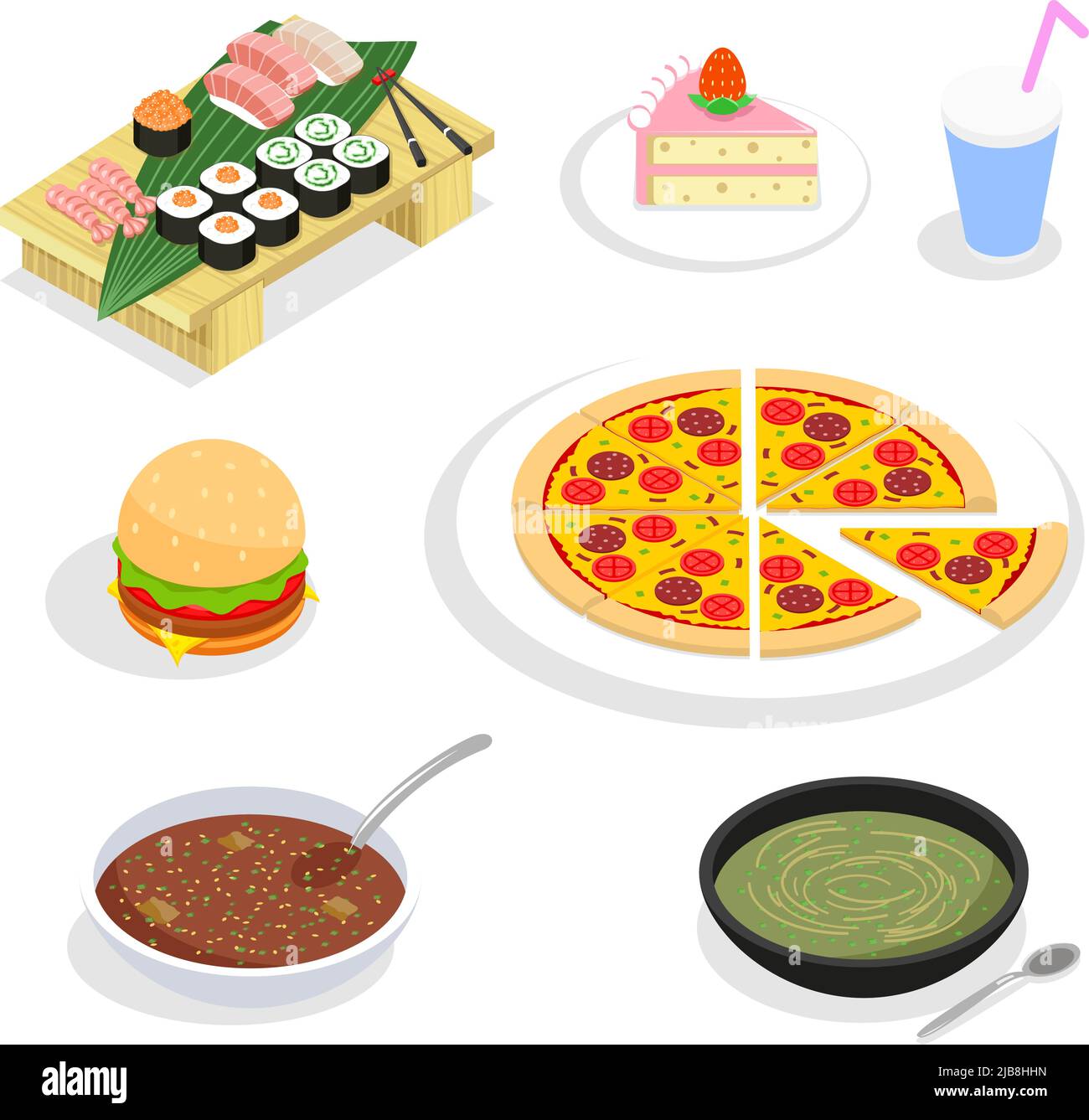 Food isometric icons. Hamburgers and sushi, cake and pizza. Restaurant ...
