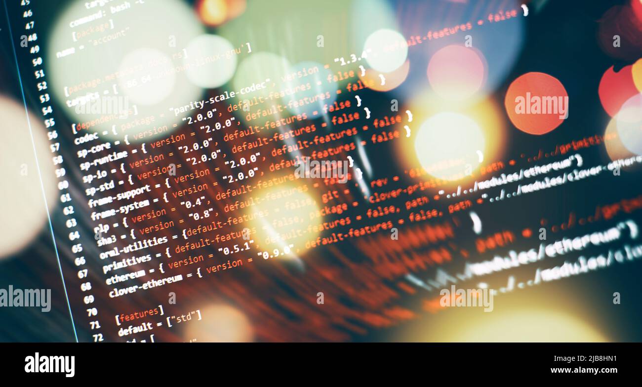Writing programming functions on laptop. Big data and Internet of things trend. Software development. Internet security hacke Stock Photo