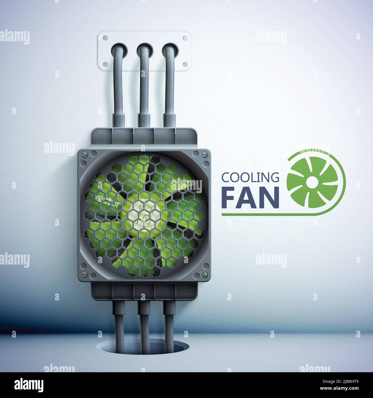 Green plastic computer cooler with grid and wires in realistic style on