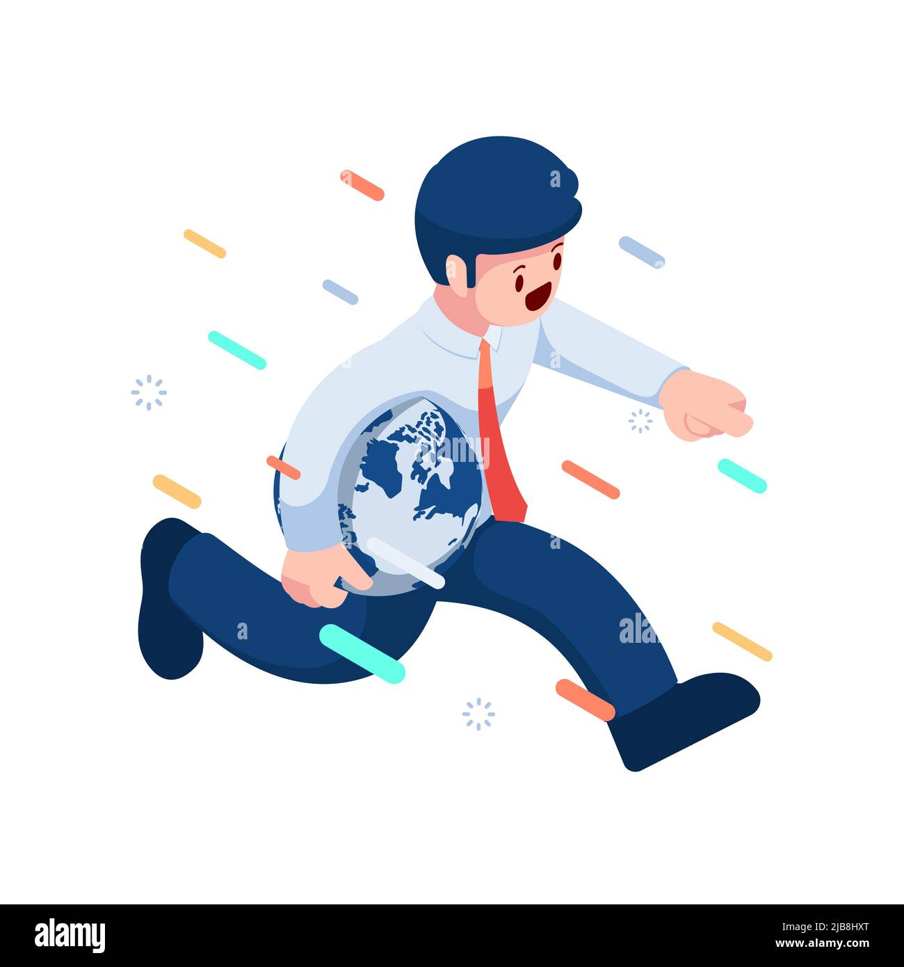 Flat 3d Isometric Businessman Carry World Globe and Running Forward. World Wide Business Concept. Stock Vector