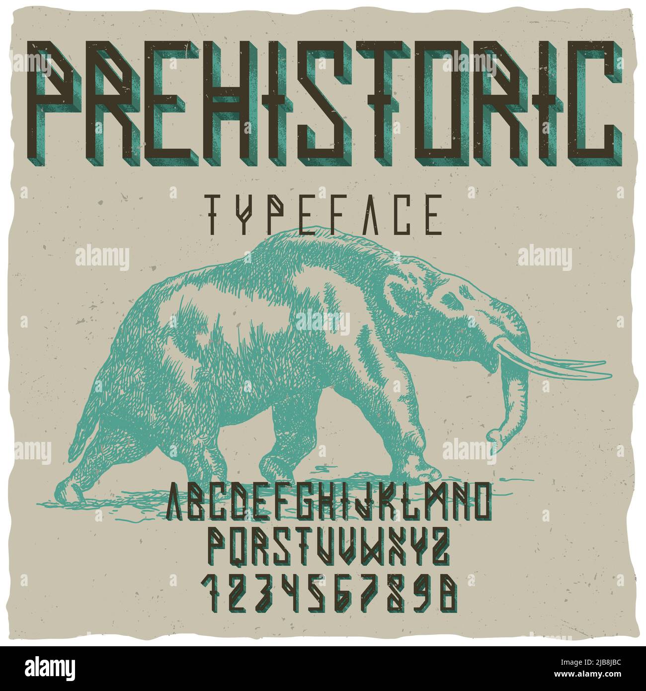 Prehistoric runes typeface poster with hand drawn mastodon on dusty ...