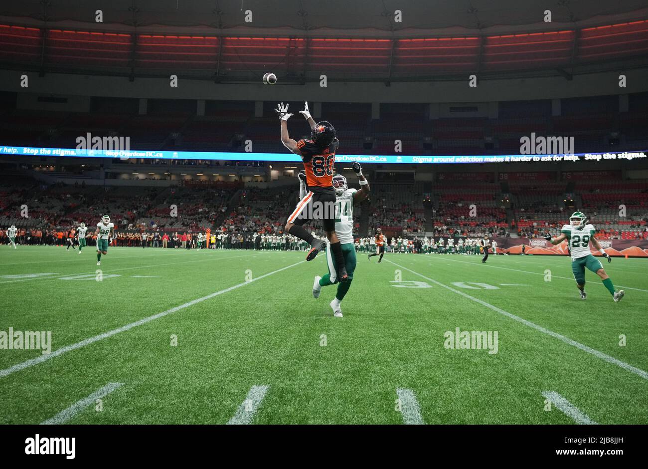 Canada. 03rd June, 2022. Saskatchewan Roughriders quarterback Cody Fajardo  celebrates his touchdown against the B.C. Lions during the first half of a  pre-season CFL football game in Vancouver, B.C., Friday, June 3