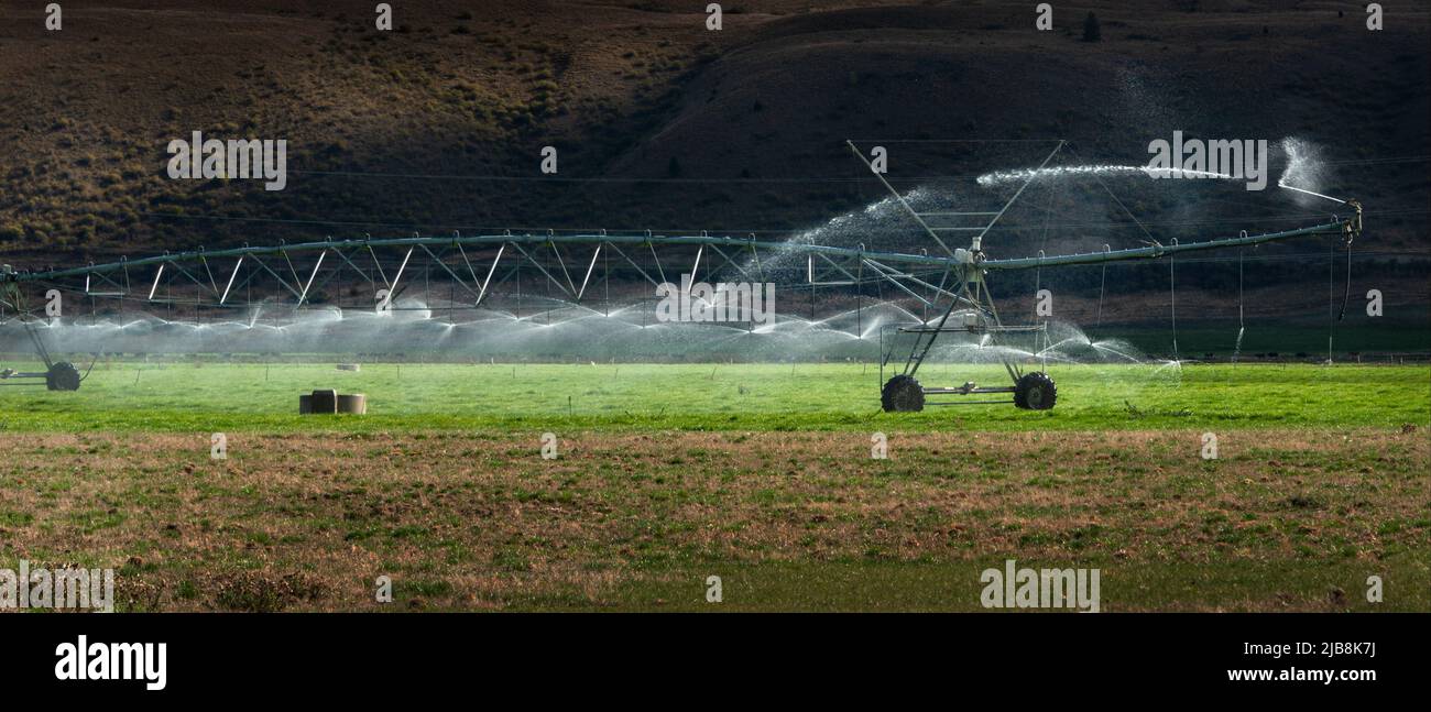 Sprinkler irrigation system at work on a farm pasture in Otago region, South Island, New Zealand Stock Photo