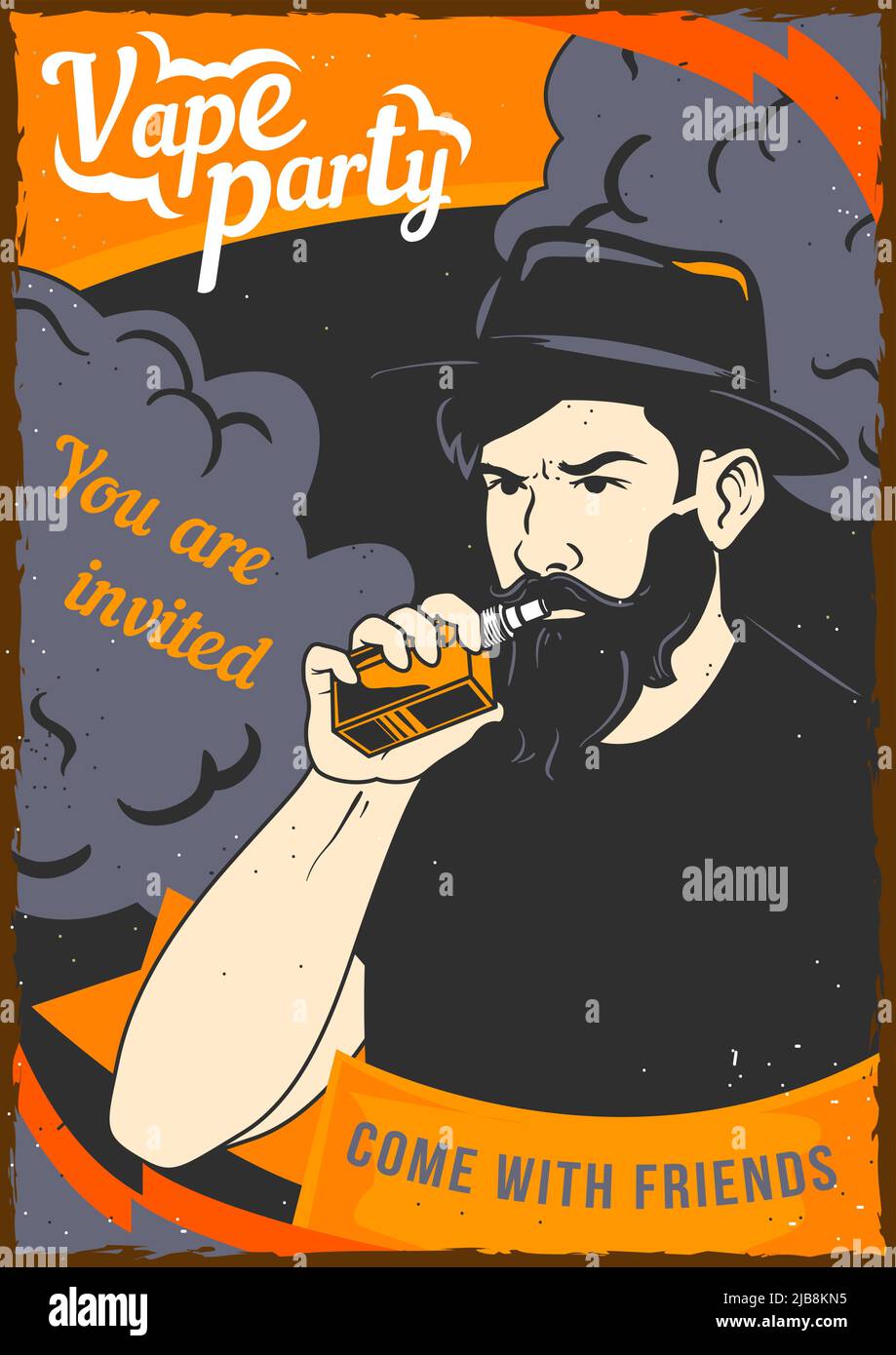 Poster design with illustration of a man holding a vape in his hand and a cloud of steam behind his back Stock Vector
