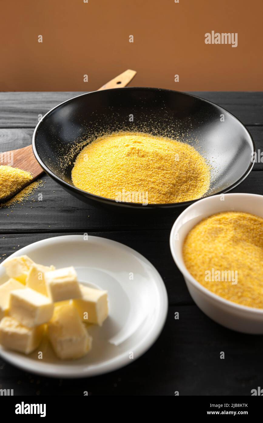 Polenta or Cornmeal Flour. Ground Dried Corn or Corn Grits in a white