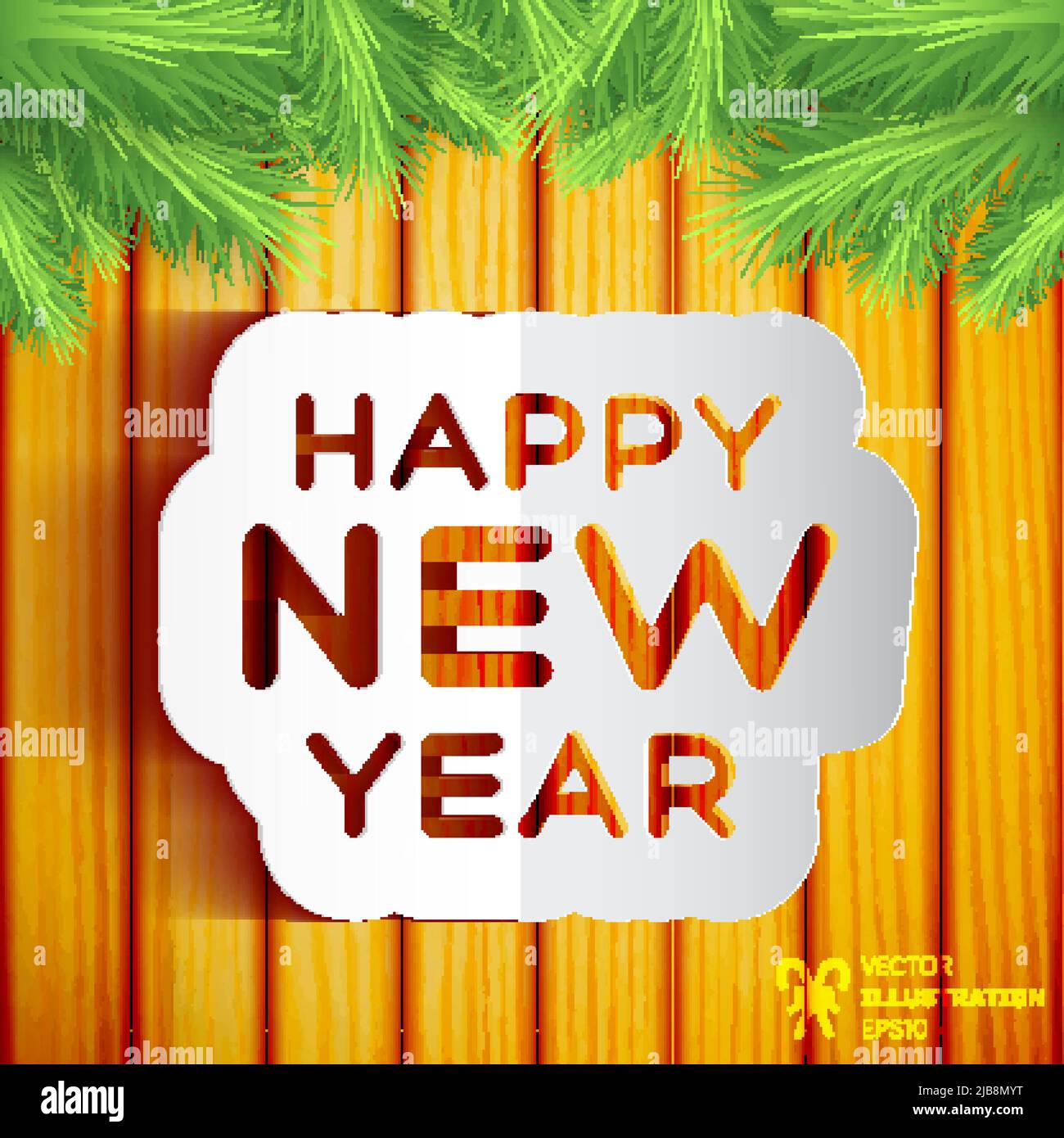 Happy new year letters on wooden wall decorated with fir tree branches ...