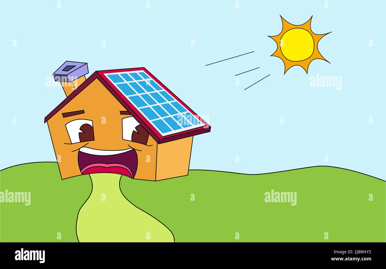 Solar cell, or solar panels, on a smiling house with sun and meadow in cartoon style. Vector illustration Stock Vector