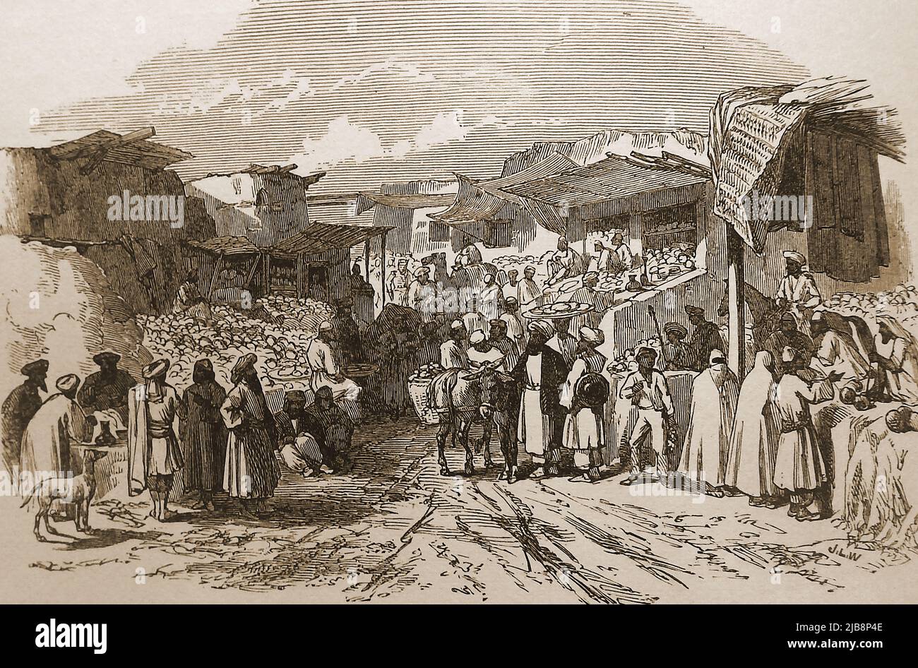 A 19th century engraving of the fruit market in the old bazaar at Kabul  --- د کابل په زاړه بازار کې د میوو په بازار کې د ١٩ پیړۍ په بازار کې حک شوی  --  حکاکی قرن نوزدهم بازار میوه در بازار قدیمی در کابل Stock Photo