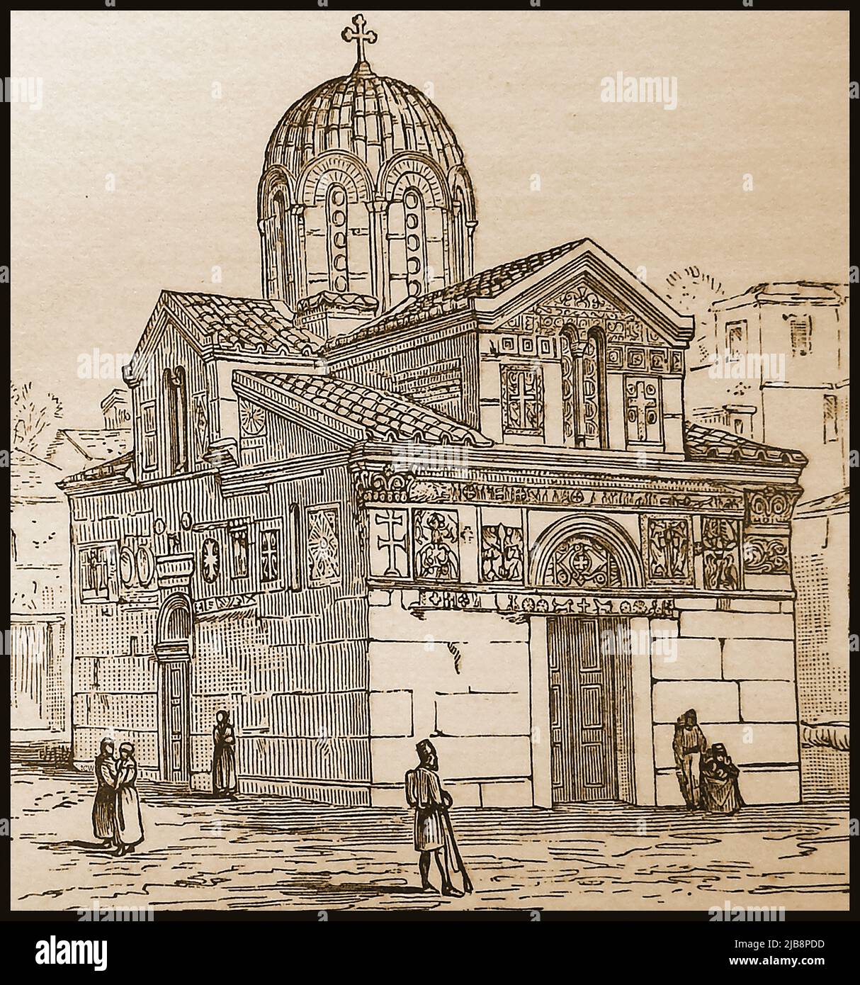 A 19th century engraving of the old Byzantine Cathedral in Athens, Greece  ---Χαρακτική του 19ου αιώνα του παλαιού Βυζαντινού Καθεδρικού Ναού στην Αθήνα Stock Photo