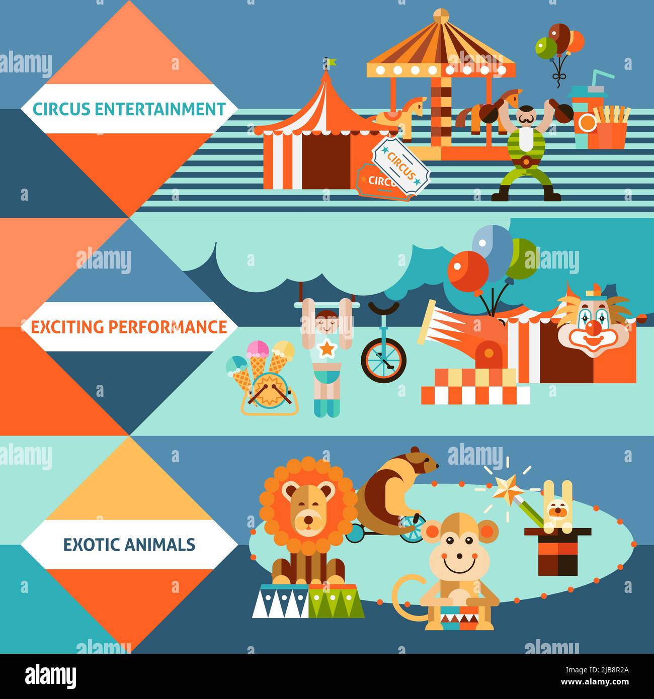 Circus entertainment flat banner set with exotic animals exciting