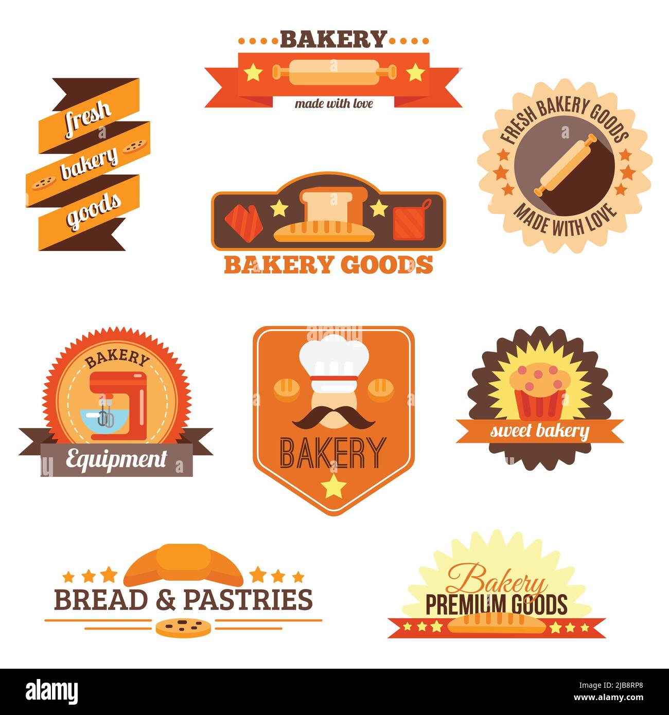 Bakery fresh goods bread pastries and equipment label set isolated ...