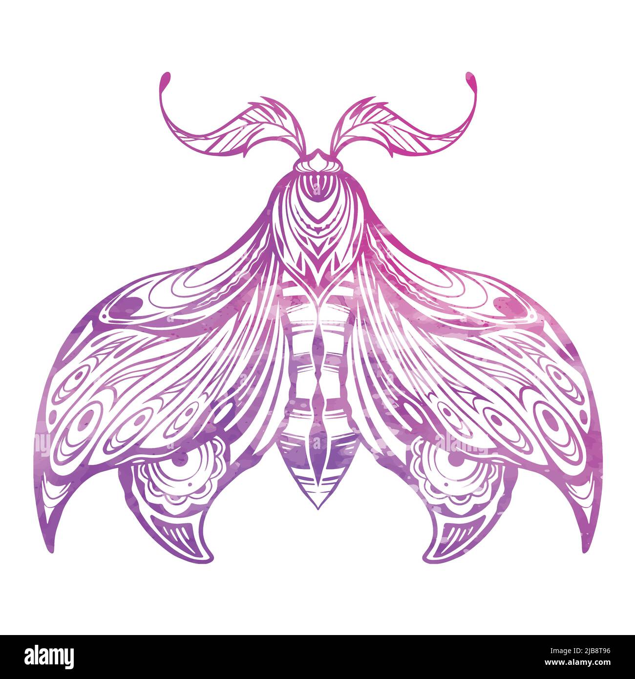 Vector purple watercolor drawing of a moth. Colorful illustration of a night butterfly with tracery ornament. Insect with wings and aquarelle splashes Stock Vector