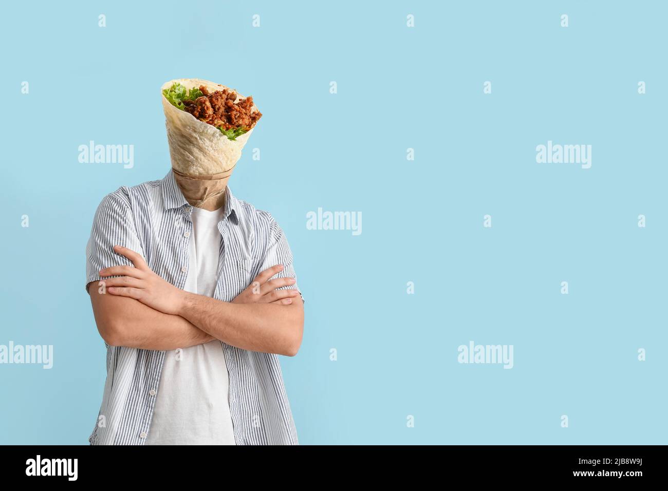 Man with tasty burrito instead of his head on light blue background