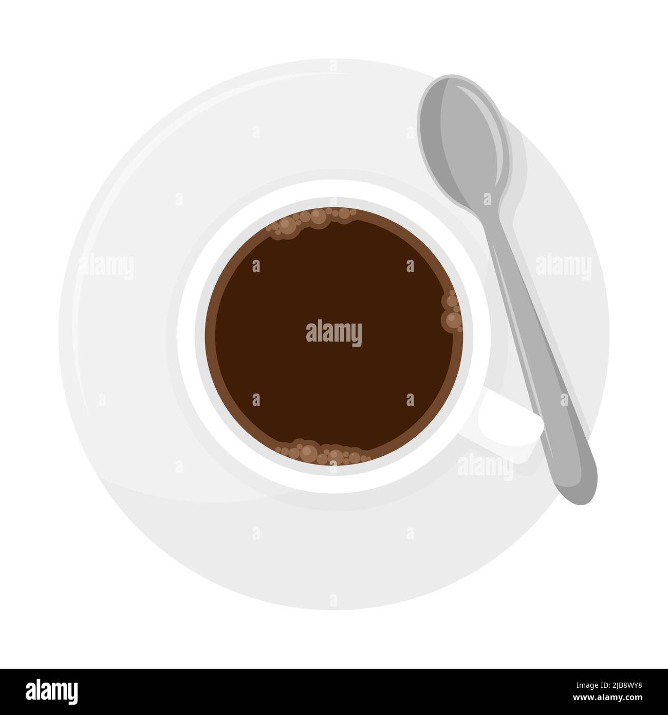 Ceramic mug of coffee or tea. Cup of hot drink on plate with spoon. Top view. Cartoon flat vector illustration isolated on white background. Stock Vector