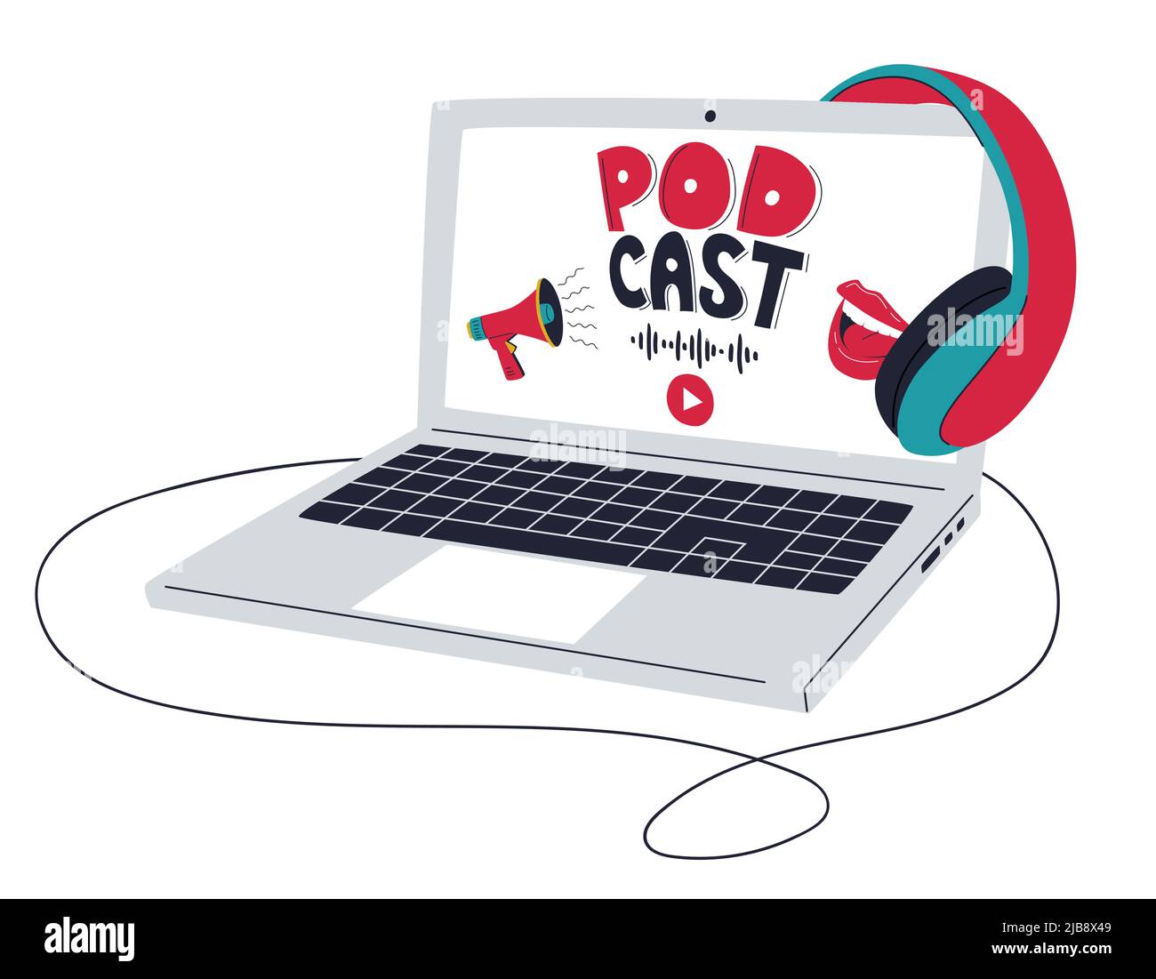 An open laptop with a megaphone, a podcast word and a smiling mouth on a screen. A personal computer with a keyboard. Template for the podcast cover, Stock Vector