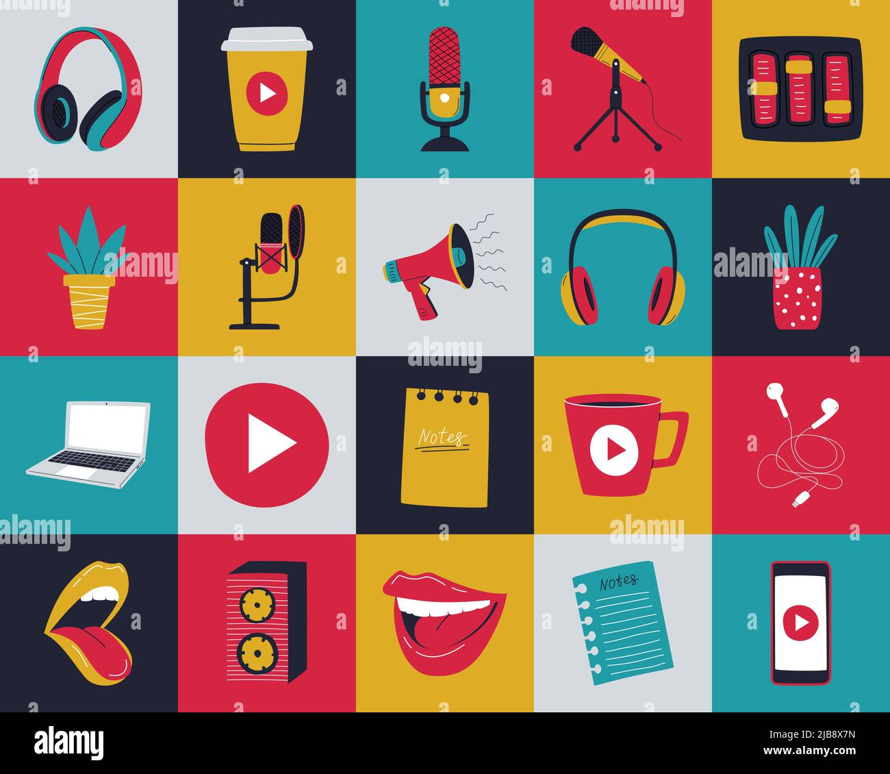 Set of icons, symbols of an online podcast, radio show, broadcast. Microphones, laptop, megaphone, talking mouth. Can be used as a seamless pattern. C Stock Vector