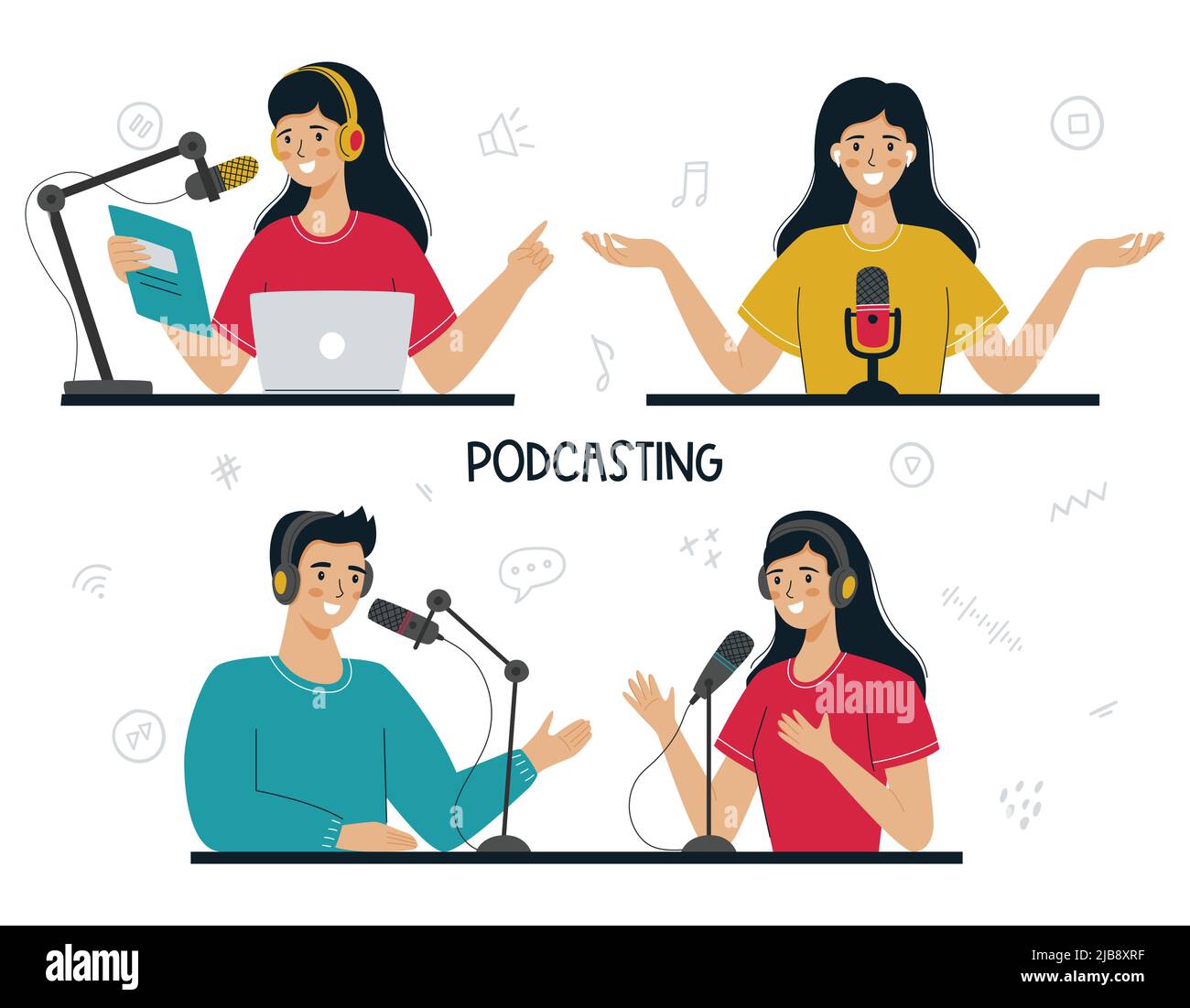 Set of people talking into a microphone, recording a podcast. A woman interviews a man. The girl leads a radio broadcast, an online show, read news. F Stock Vector