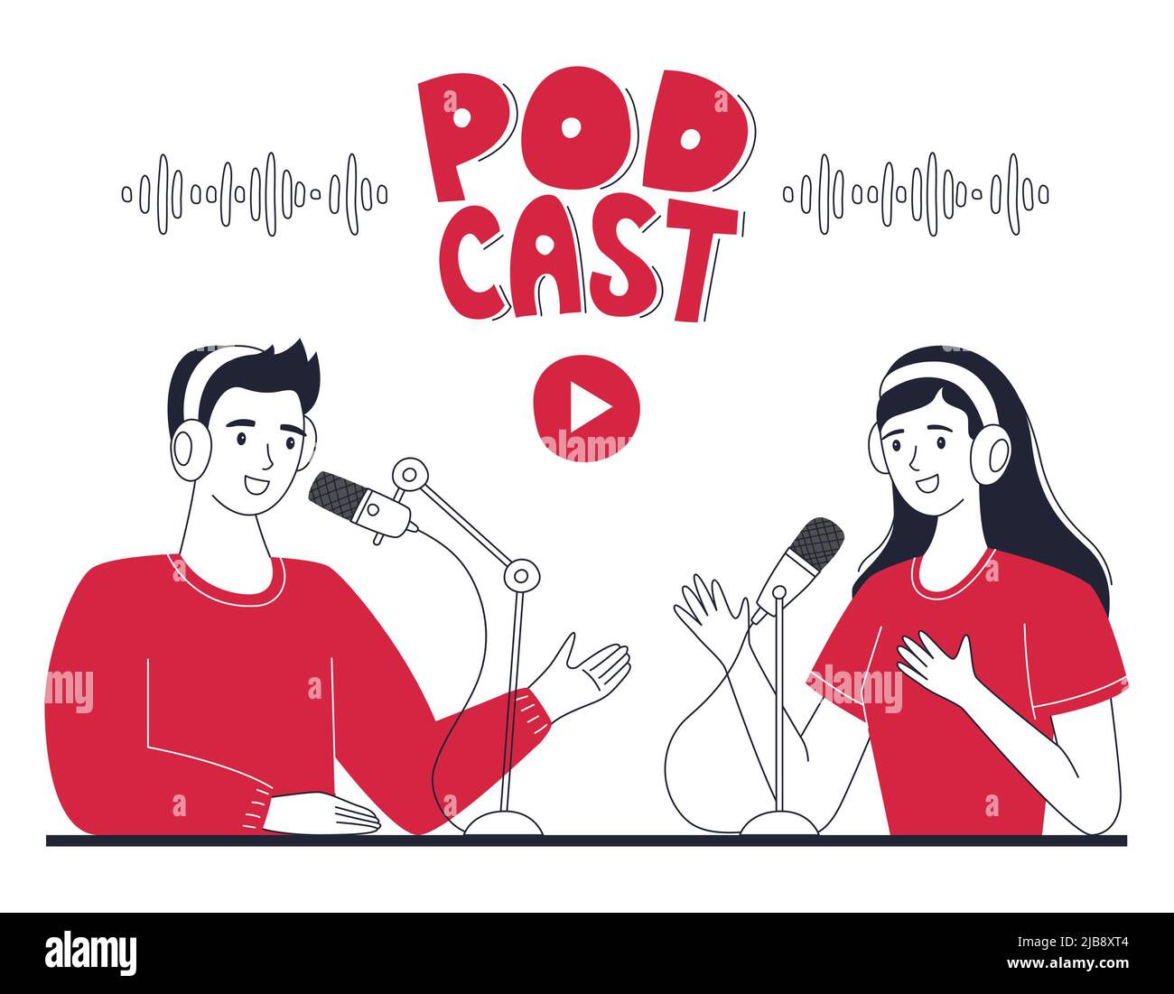 Young girl and boy record a podcast, online radio show. People with headphones are talking into a microphone. The concept of podcasting, broadcasting. Stock Vector