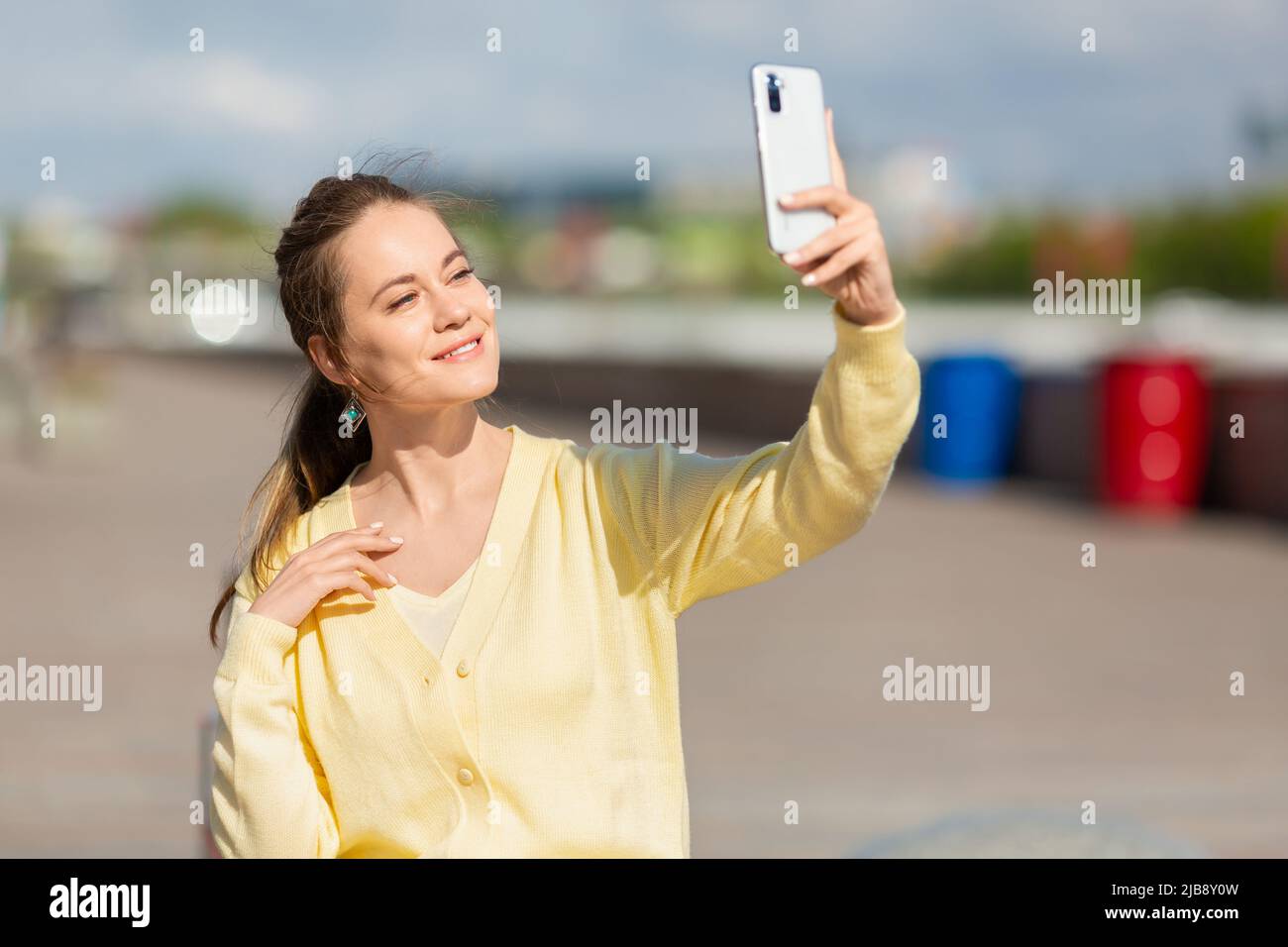 Photo of a 40 years old woman during an online video call. Stock Photo