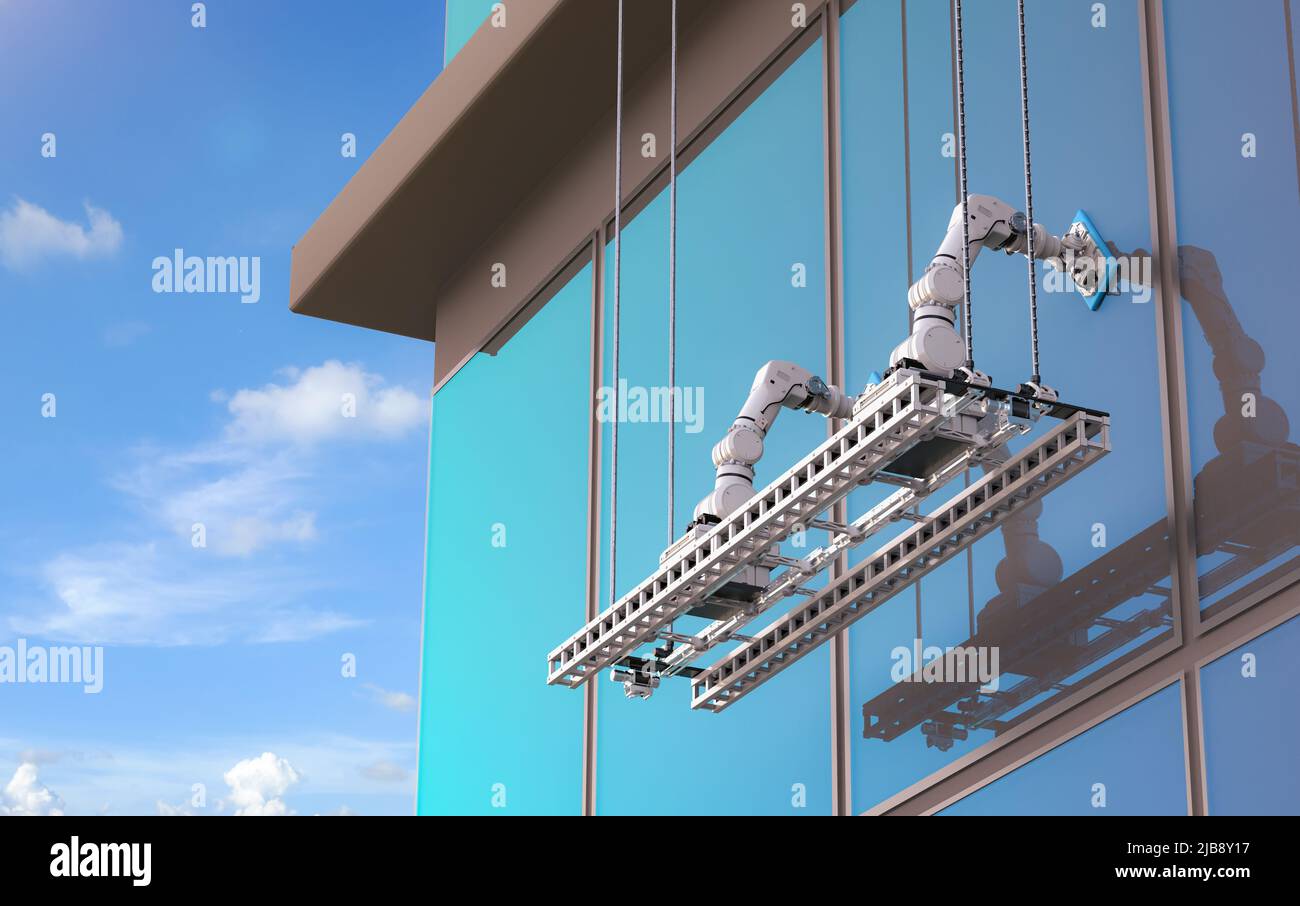 3d rendering automation robotic arms clean windows outside building Stock Photo