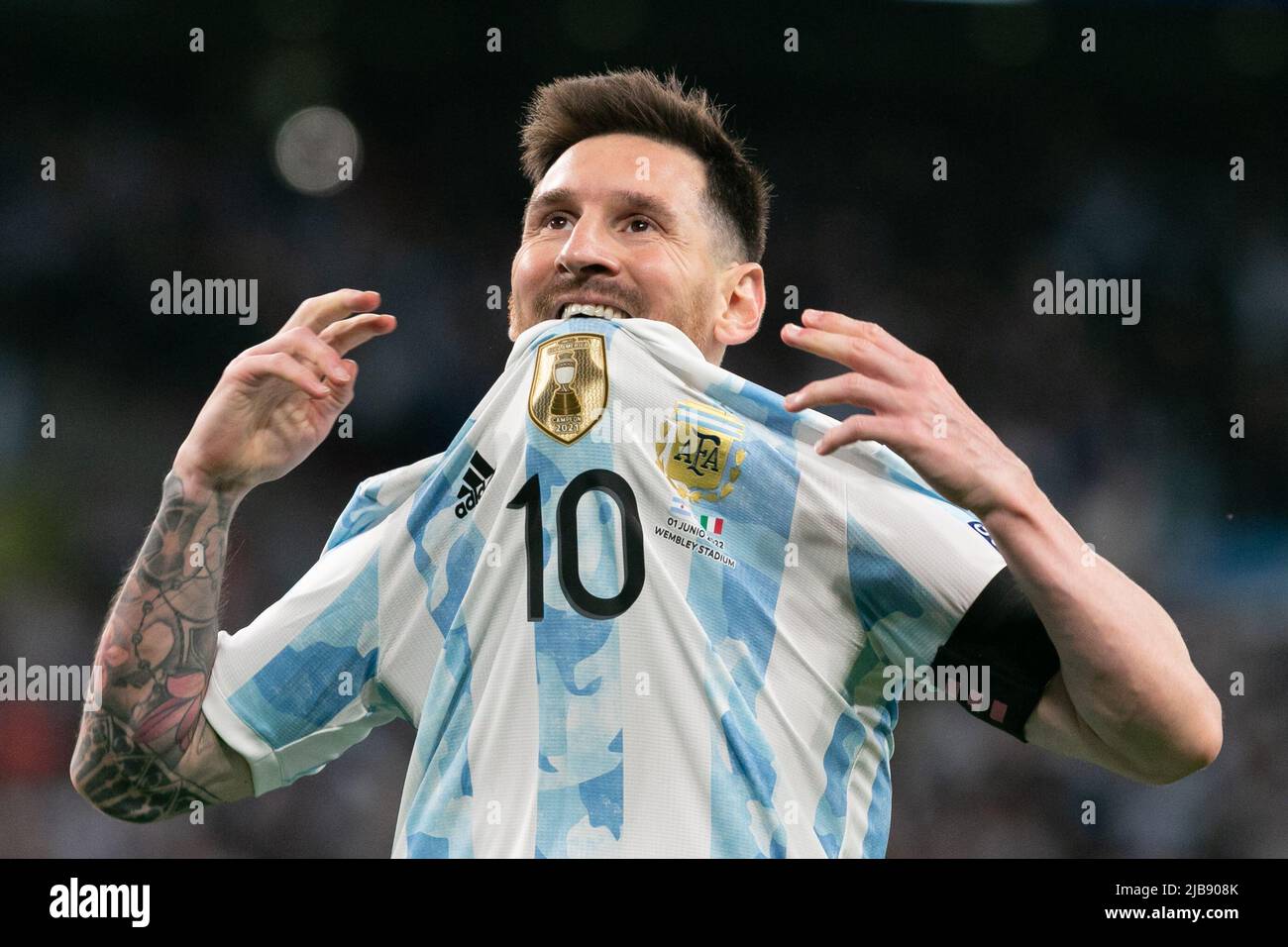 Lionel Messi (c) of Argentina reacts during the Italy v Argentina - Finalissima 2022 match at Wembley Stadium on June 1, 2022 in London, England.(MB Media) Stock Photo