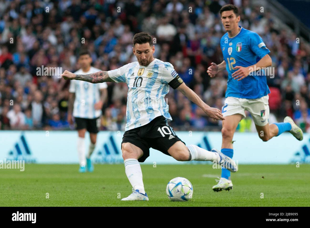 Lionel Messi (c) of Argentina in action during the Italy v Argentina - Finalissima 2022 match at Wembley Stadium on June 1, 2022 in London, England.(MB Media) Stock Photo
