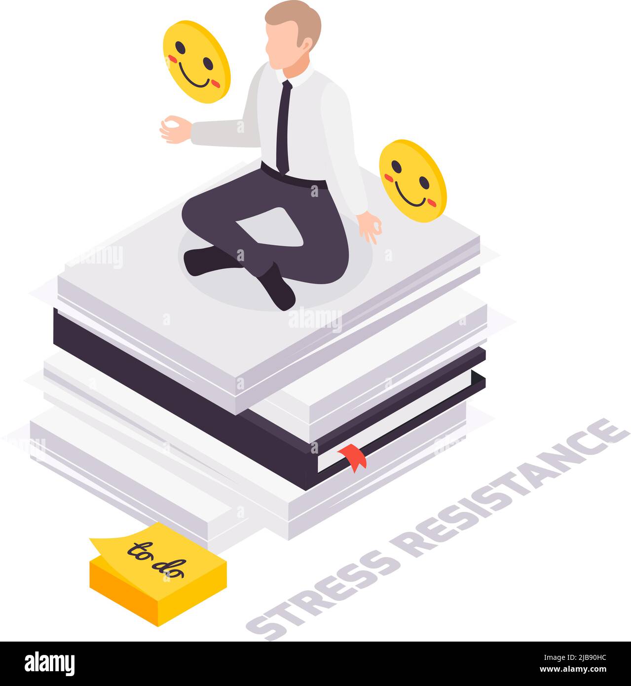 Soft skills isometric stress resistance concept with character sitting in lotus position on stack of papers vector illustration Stock Vector