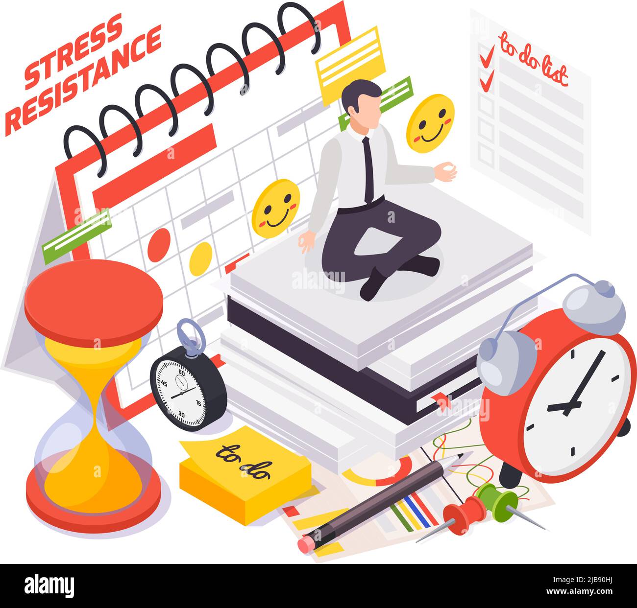 Soft skills concept isometric composition with work under pressure ability time management stress resistance symbols vector illustration Stock Vector