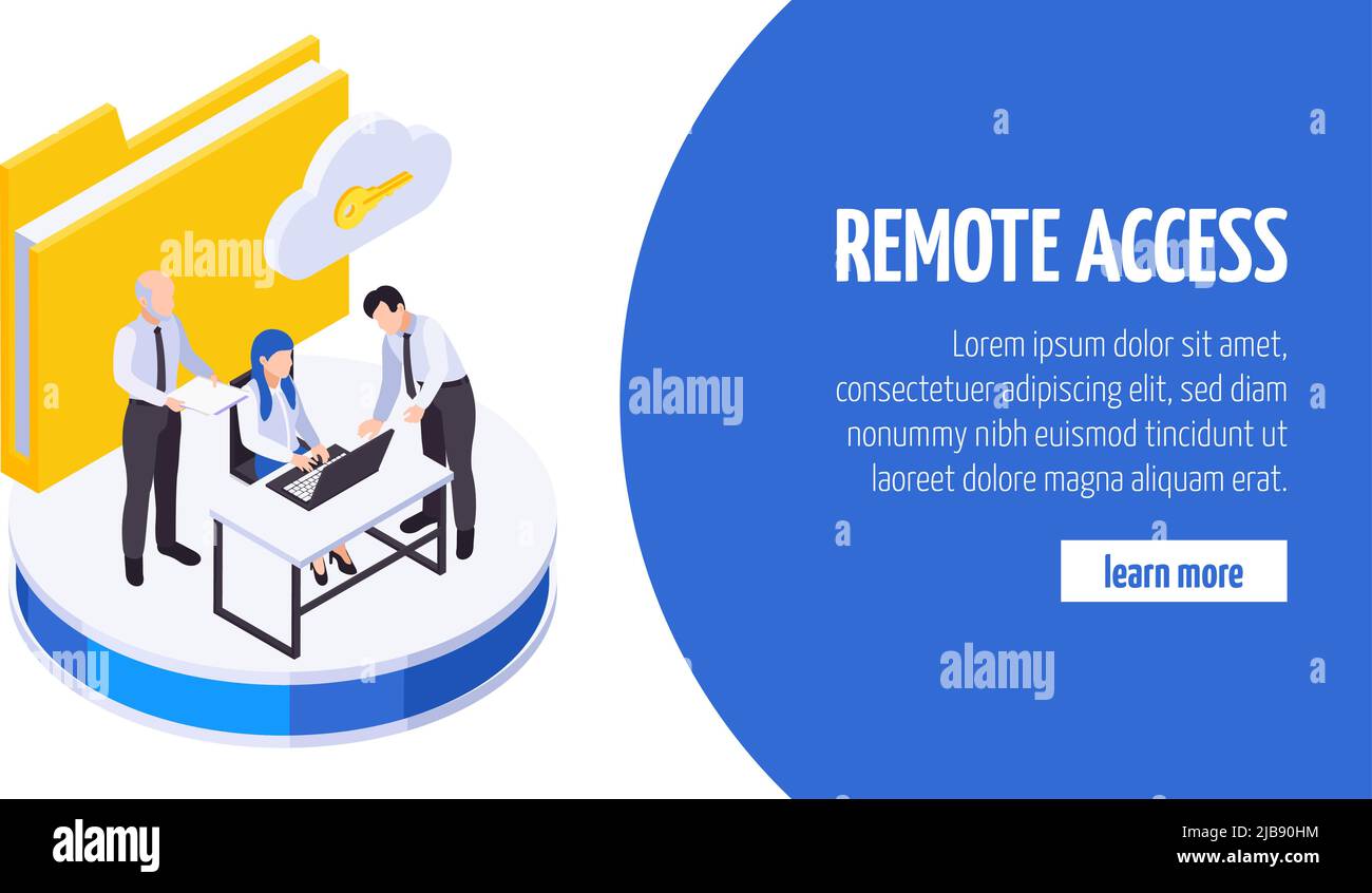 Remote work employees communication secure data sharing access isometric website with cloud folder key symbols vector illustration Stock Vector