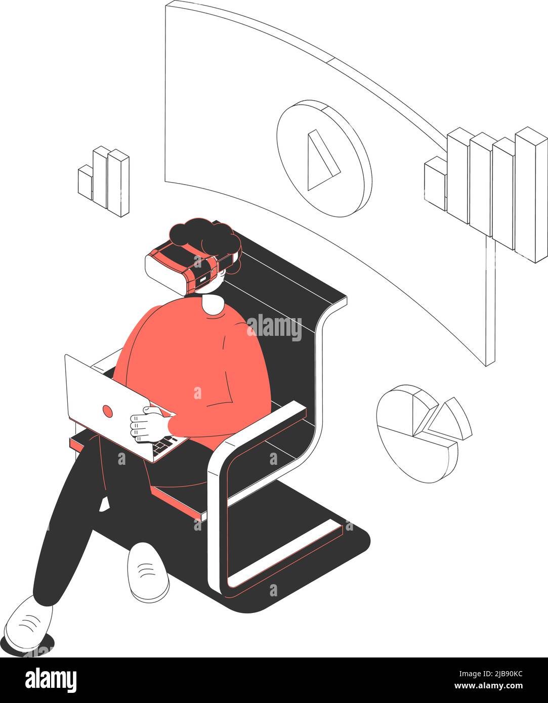 Man working on computer while wearing virtual reality headset isometric vector illustration Stock Vector