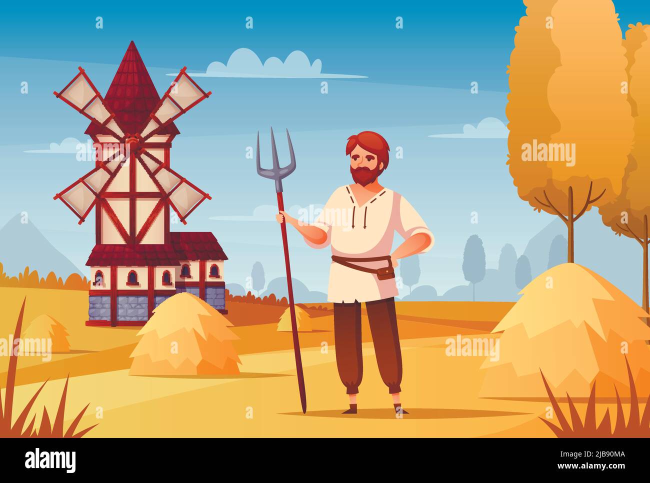 Medieval peasant cartoon background with windmill and labor symbols ...