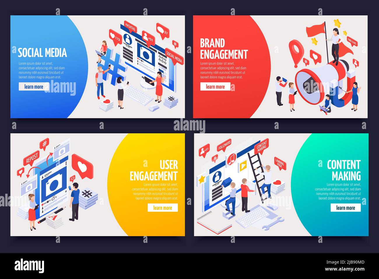 SMM social media attracting customers clients advertising brands sharing promoting content 4 isometric banners set vector illustration Stock Vector