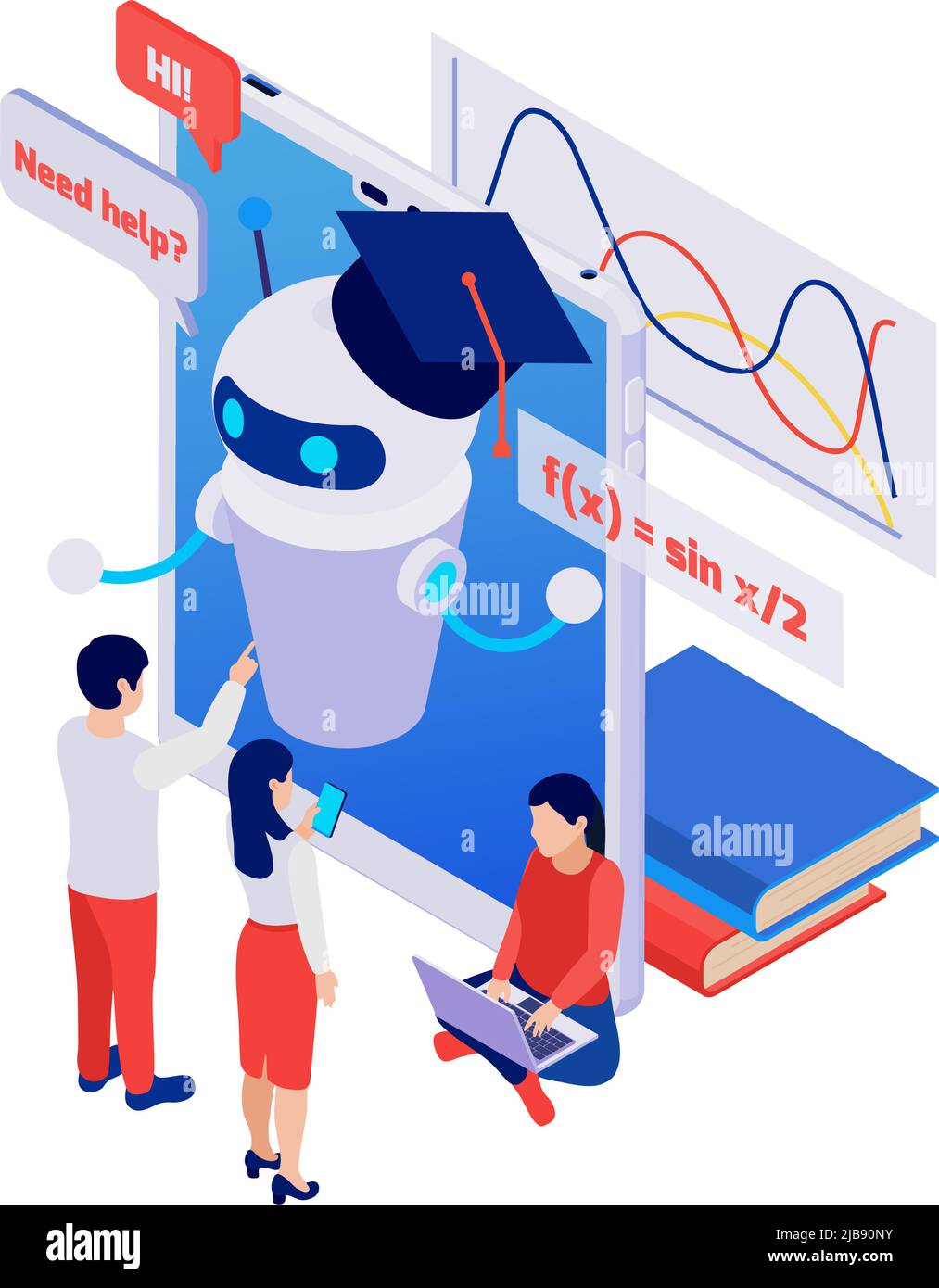 Isometric smart chatbot on tablet helping people with studying mathematics 3d vector illustration Stock Vector