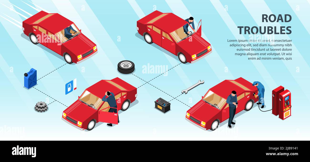 Road troubles infographics layout with man pushing his car on track to gas station isometric vector illustration Stock Vector
