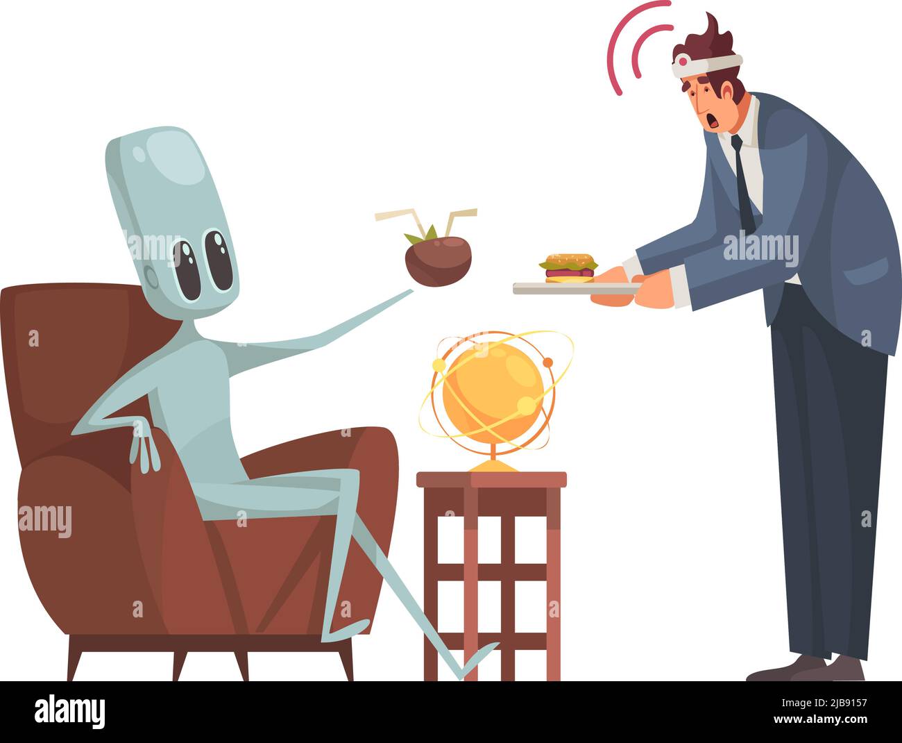 Alien controlling mind of human with tray cartoon vector illustration Stock Vector