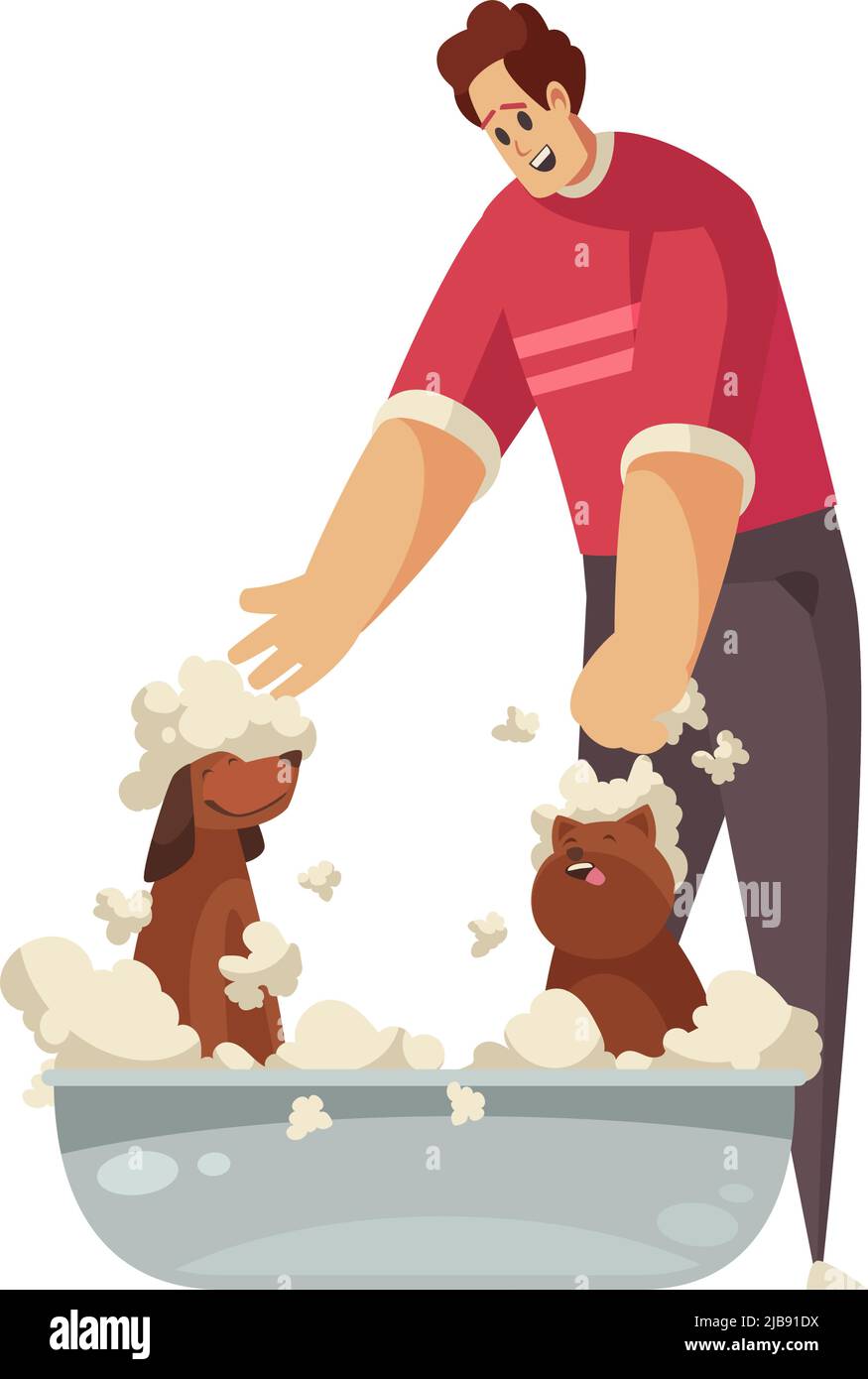 Man washing two happy dogs in basin cartoon vector illustration Stock Vector