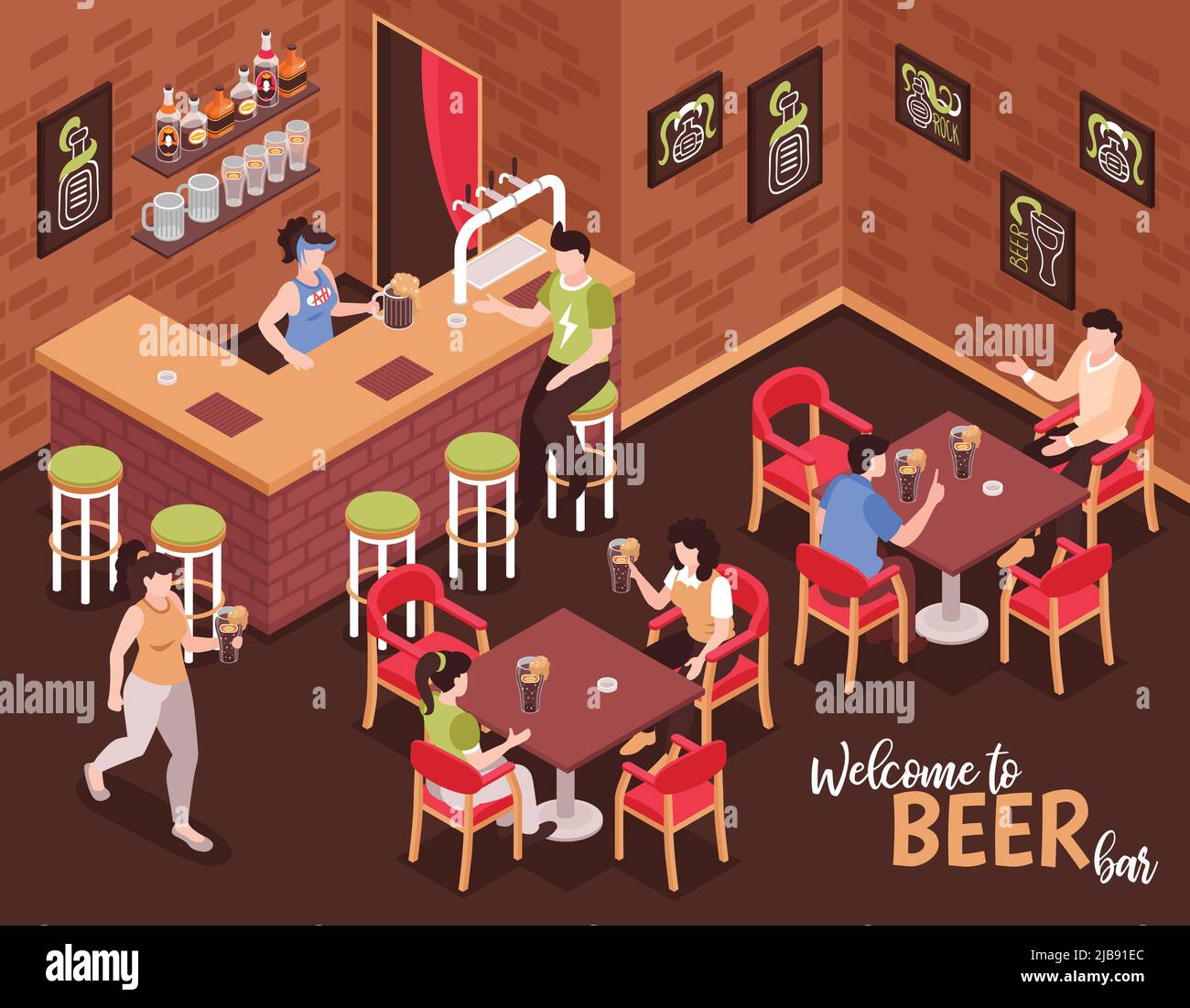 Welcome to beer bar isometric background with bartender and visitors sitting at tables and drinking beer vector illustration Stock Vector