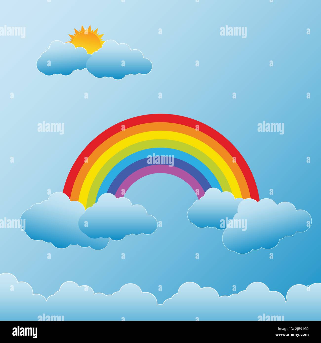 Rainbow with Sun and Clouds,Vector illustration Stock Vector