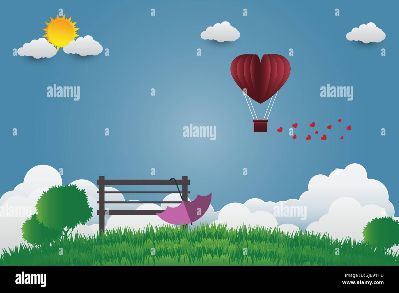 Valentine's day umbrella with chair balloons in a heart shaped flying over grass view background, paper art style,Vector illustration Stock Vector