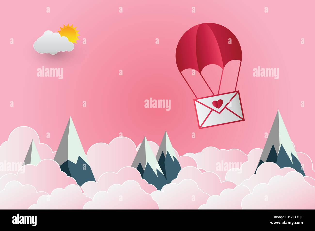 valentine's Day balloon heart-shaped floating in the sky and beautiful mountains cloud.paper art,vector illustrator Stock Vector